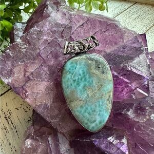Larimar 925 Sterling Silver Plated Oval Raw Pendant Blue Brown Gray